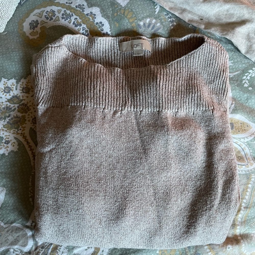 LOFT Tan Cowl Neck Sweater Ribbed Knit
